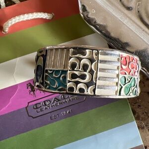 Coach Patchwork Enamel Cuff Bracelet Silver Tone Logo